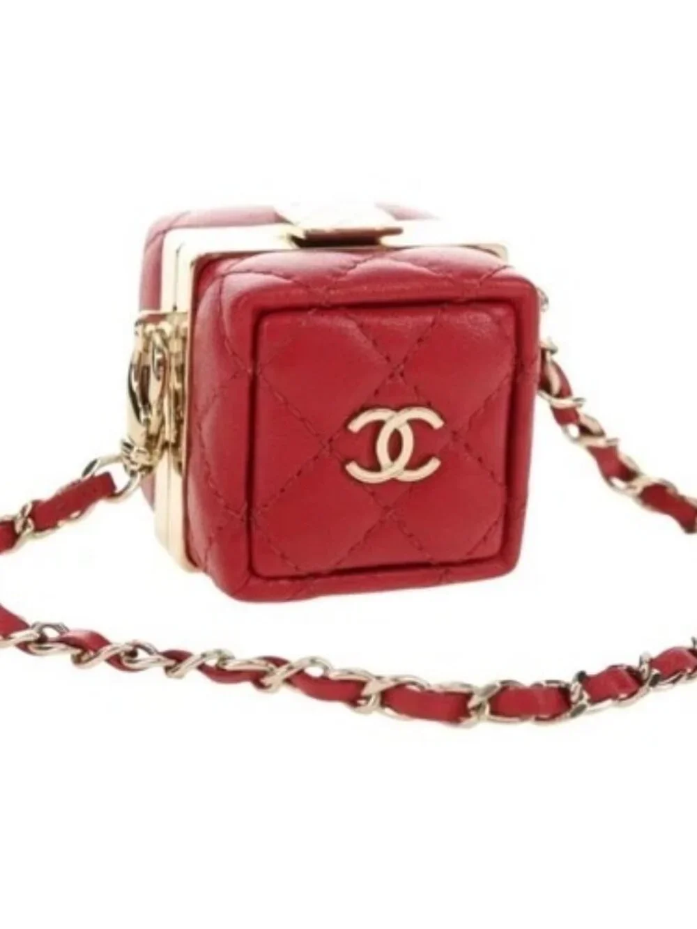 CHANEL Matelasse Bag Charm Lamb Skin Red Gold CC Auth 181875SAM